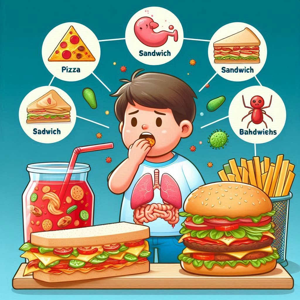 Boy eating spicy/ junk food, eating burger or sandwich