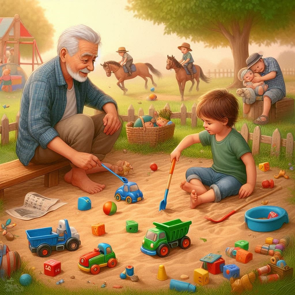 childhood days, sweet memories of childhood, playing with grandfather with funny toys, joyful life